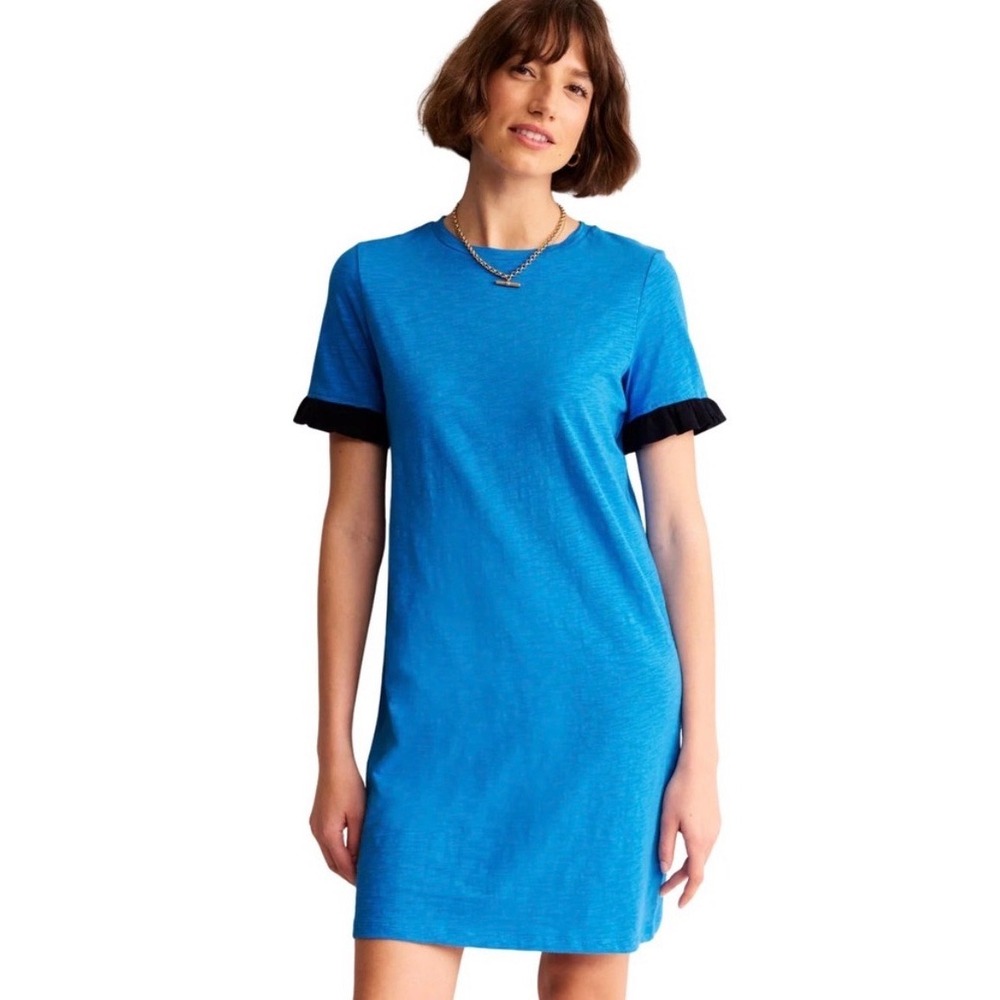 Boden Emily Ruffle Cotton T-Shirt Dress in Blue Navy Size 14 Long Tall